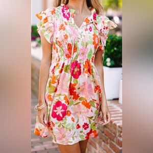 Umgee Keep'em Talking Cream White Floral Mini Smocked Dress Medium